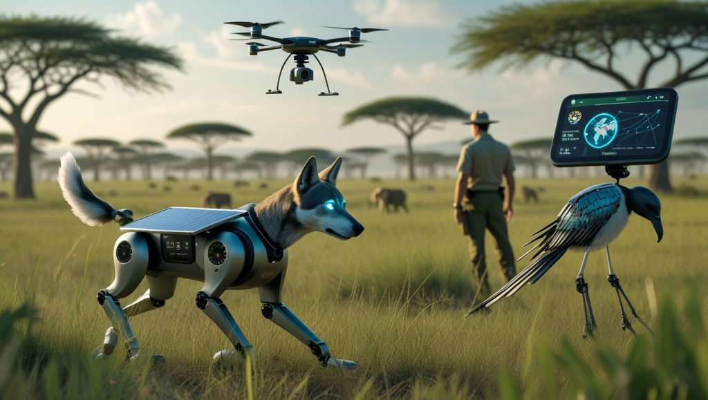 A robotic dog monitors wildlife in grasslands as drones map elephant migration from above, blending tech with nature
