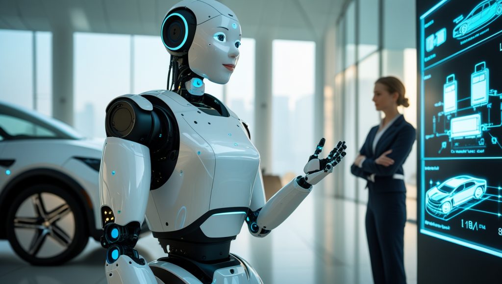 Humanoid robot in a car showroom demonstrating vehicle features with holographic projections, equipped with sensors and expressive facial features to assist customers.