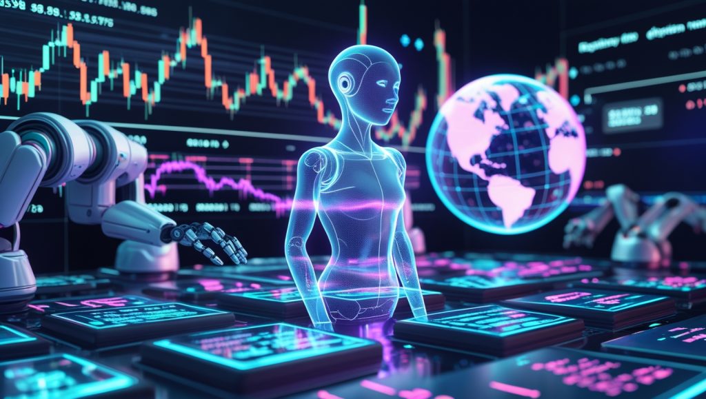 Futuristic AI-powered crypto trading environment with a holographic AI figure analyzing real-time data streams, including candlestick charts, sentiment analysis, and blockchain transactions, highlighting the speed and emotion-free decisions of AI trading systems