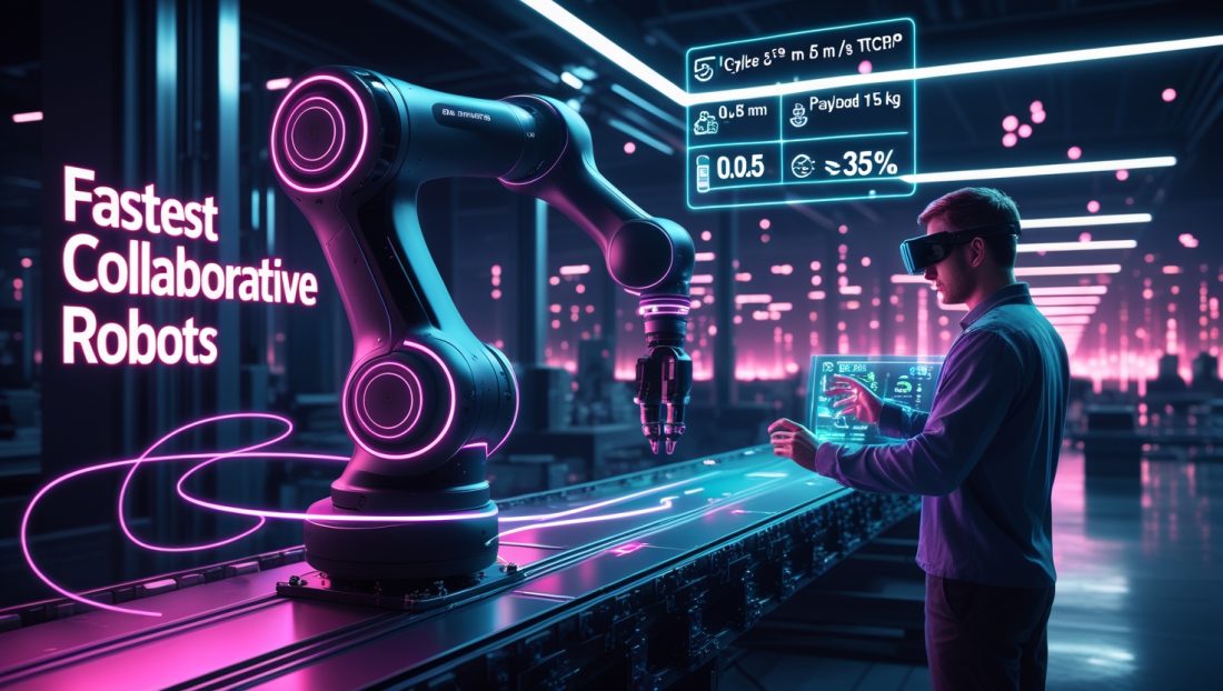 UR15 – Fastest Collaborative Robot operating in a high-tech neon-lit factory, demonstrating precision automation, digital performance stats, and seamless human-robot collaboration.