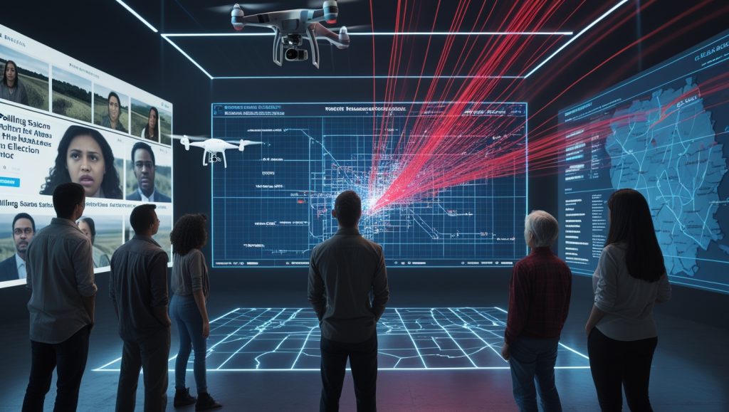 "Citizens watch manipulated political videos on holographic screens as AI-driven systems spread disinformation and suppress voter turnout through targeted messages and gerrymandered maps in a high-tech election war room."