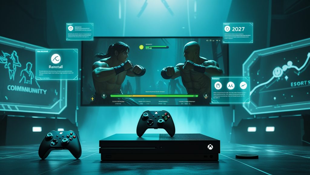 Xbox player troubleshooting Mortal Kombat 1 Definitive Edition issues with floating error icons, server status, and future game update roadmap on screen