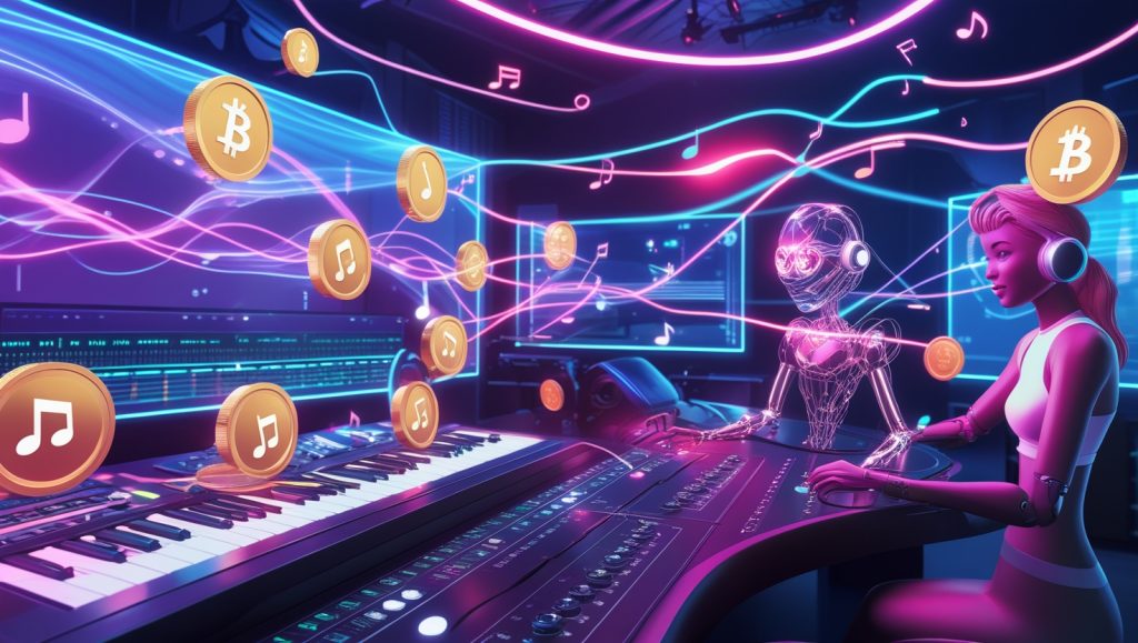 Futuristic AI music studio with holographic sound waves, digital console displaying music royalties as blockchain tokens, and virtual avatars licensing AI-generated tracks across short-form video, podcast, and gaming platforms.