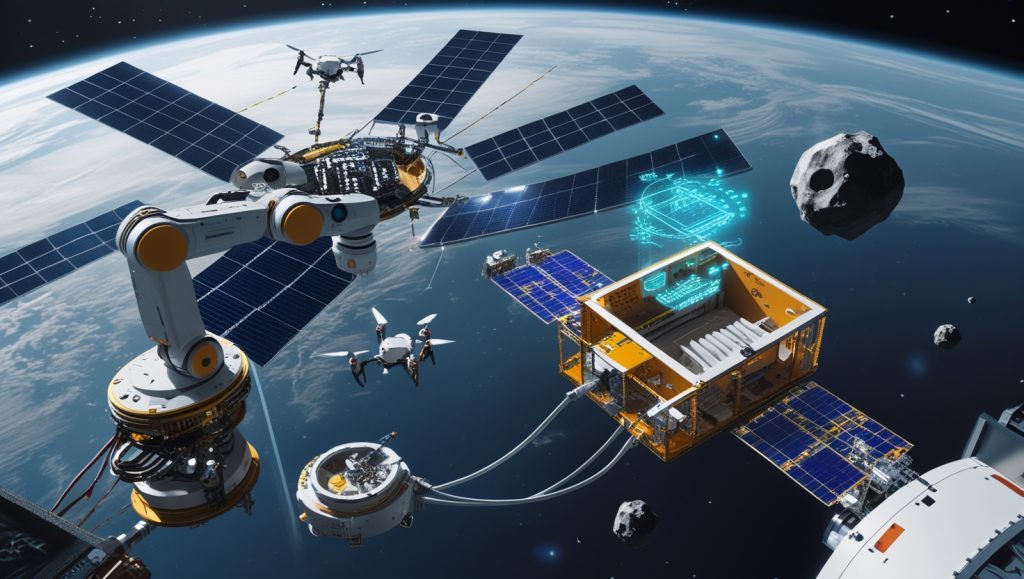 "Futuristic robotic arms assemble solar arrays in orbit with Earth in the background, while a 3D printer builds a habitat from lunar material. Space debris and autonomous drones float nearby, illustrating zero-gravity manufacturing in action.