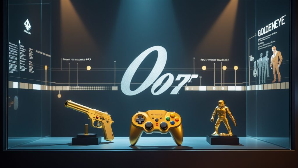 GoldenEye 007 Hall of Fame display with Nintendo 64 controller, golden pistol, and holograms showing split-screen multiplayer and timeline milestones including Tamagotchi, Quake, and Defender, symbolizing its cultural and gaming impact