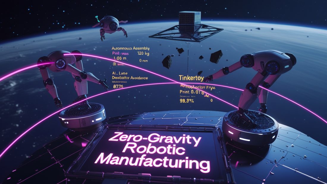 Illustration of Zero-Gravity Robotic Manufacturing showing orbital robots assembling structures, 3D printing with lunar regolith, and sorting asteroid materials in space with Earth in the background.
