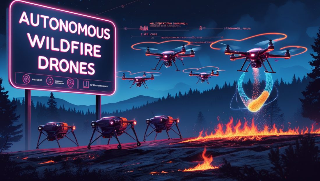 Autonomous wildfire drones deploying fire-retardant gel over a smoldering forest in 2025, with AI-powered swarm coordination, thermal imaging, and predictive fire mapping in a neon cyberpunk landscape