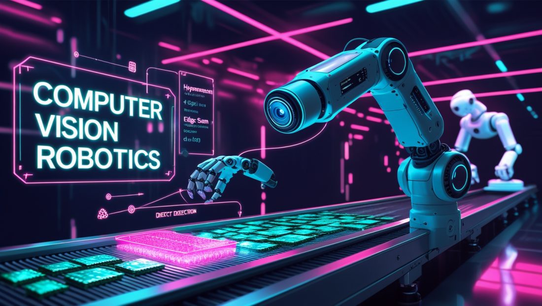 Cyberpunk digital illustration of computer vision robotics in a futuristic factory, featuring a neon-lit robotic arm scanning microchips with hyperspectral imaging and AI-powered defect detection systems.