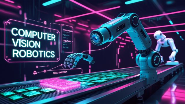 Cyberpunk digital illustration of computer vision robotics in a futuristic factory, featuring a neon-lit robotic arm scanning microchips with hyperspectral imaging and AI-powered defect detection systems.