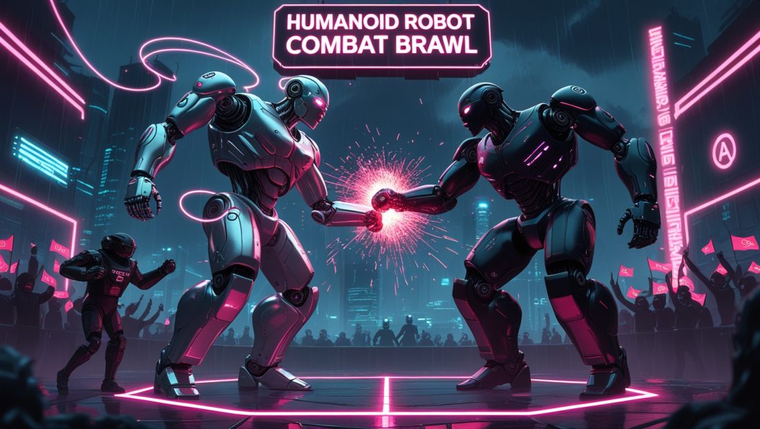 Humanoid Robot Combat in 2025 tournament arena featuring AI-powered robots battling in a high-tech, neon-lit environment in Shenzhen, highlighting the future of robotics and artificial intelligence