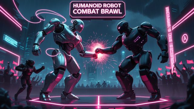 Humanoid Robot Combat in 2025 tournament arena featuring AI-powered robots battling in a high-tech, neon-lit environment in Shenzhen, highlighting the future of robotics and artificial intelligence