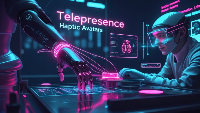 Telepresence haptic avatar robot performing remote surgery with tactile feedback, neon cyberpunk style illustration showing AI-powered robotic hands, VR surgeon interface, and virtual classroom in futuristic 2025 setting