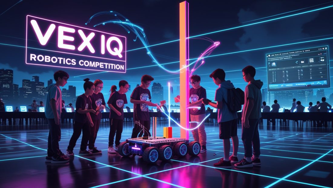 Banner with bold orange text reading ‘VEX IQ Robotics Competition’ on a sleek dark background, representing global youth STEM engagement and robotics education.