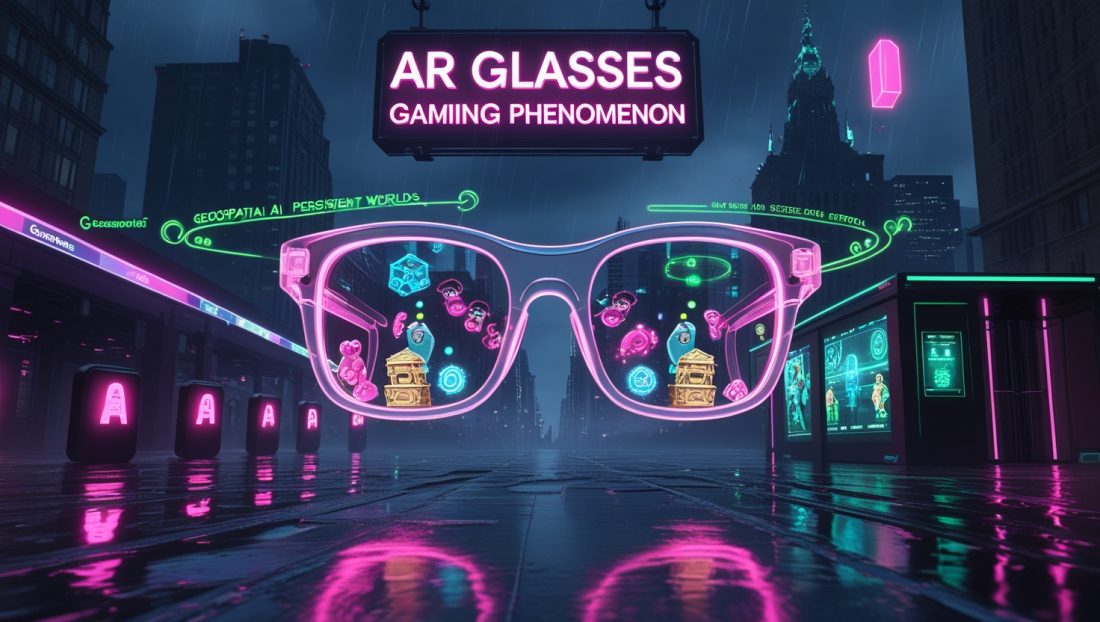 AR Glasses Gaming Phenomenon illustrated with futuristic smart glasses projecting holographic game visuals in a real-world urban environment