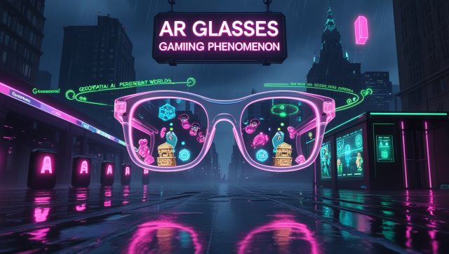 AR Glasses Gaming Phenomenon illustrated with futuristic smart glasses projecting holographic game visuals in a real-world urban environment