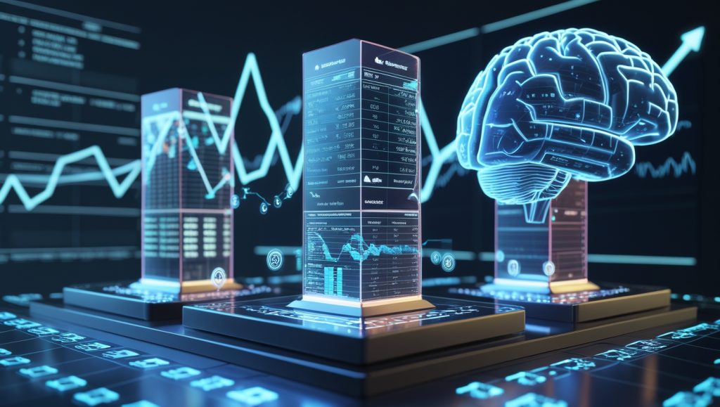 Futuristic AI-driven IPO command center showing automated financial governance, predictive market scenario modeling, and real-time compliance monitoring with holographic data pillars and digital stock analytics