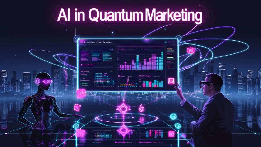 AI in Quantum Marketing title design with futuristic tech theme, highlighting data-driven consumer behavior and marketing innovation