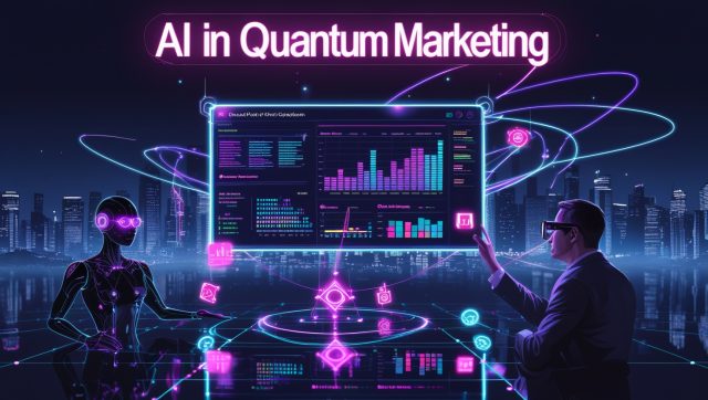 AI in Quantum Marketing title design with futuristic tech theme, highlighting data-driven consumer behavior and marketing innovation