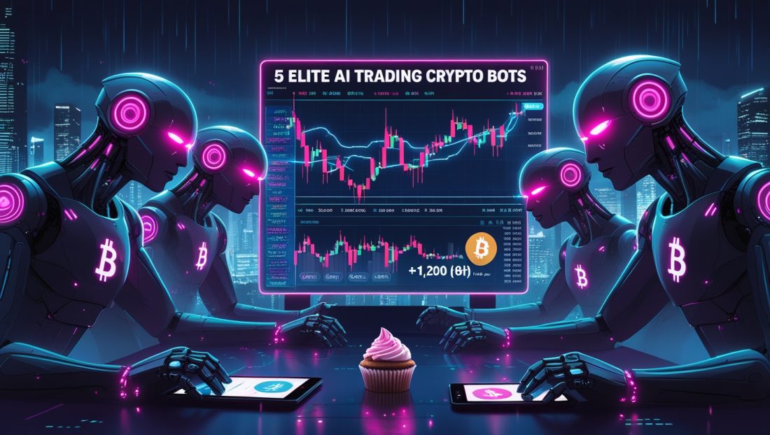 Illustration of 5 elite AI crypto trading bots analyzing charts and generating profits automatically in a futuristic neon-lit setting, symbolizing automated cryptocurrency trading and passive income while sleeping