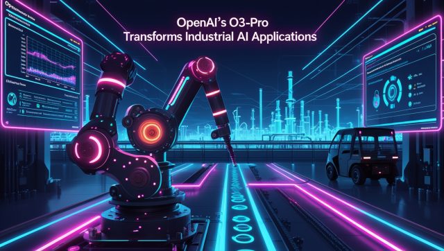 Futuristic smart factory powered by OpenAI’s o3-Pro AI model, showcasing robotic arms, real-time sensor analytics, and holographic compliance dashboards in a cyberpunk industrial setting, symbolizing advanced industrial AI applications in 2025.