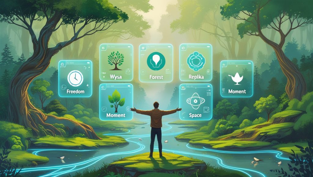 Illustration of AI tools for social rewilding, featuring a person surrounded by nature and digital panels representing apps like Freedom, Wysa, Forest, and Replika, blending technology with offline mindfulness and screen-time reduction