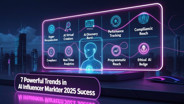 Futuristic neon-themed digital illustration showing "7 Powerful Trends in AI Influencer Marketing for 2025 Success," with virtual influencer LunaVibe, AI analytics icons, personalized content, and programmatic ad elements, symbolizing the future of AI-driven influencer marketing.
