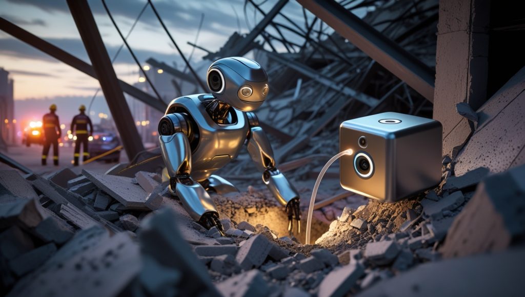 Fluid rescue robot transforms from liquid to solid to deliver oxygen and locate trapped worker under collapsed warehouse debris in urban disaster scene