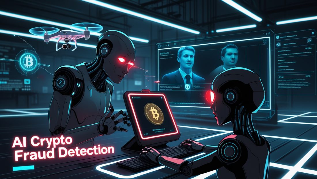 Cyberpunk-style illustration of AI detecting deepfake crypto fraud in an industrial factory, with neon text 'AI Crypto Fraud Detection', a robotic system blocking a fake transaction, and holographic overlays analyzing biometric anomalies and blockchain data