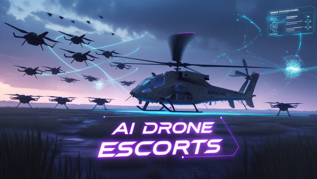 Cyberpunk-style digital illustration showing AI drone escorts protecting an Apache helicopter in combat. Swarm drones with glowing wings intercept enemy drones using electronic warfare, highlighting autonomous defense technology in modern warfare.