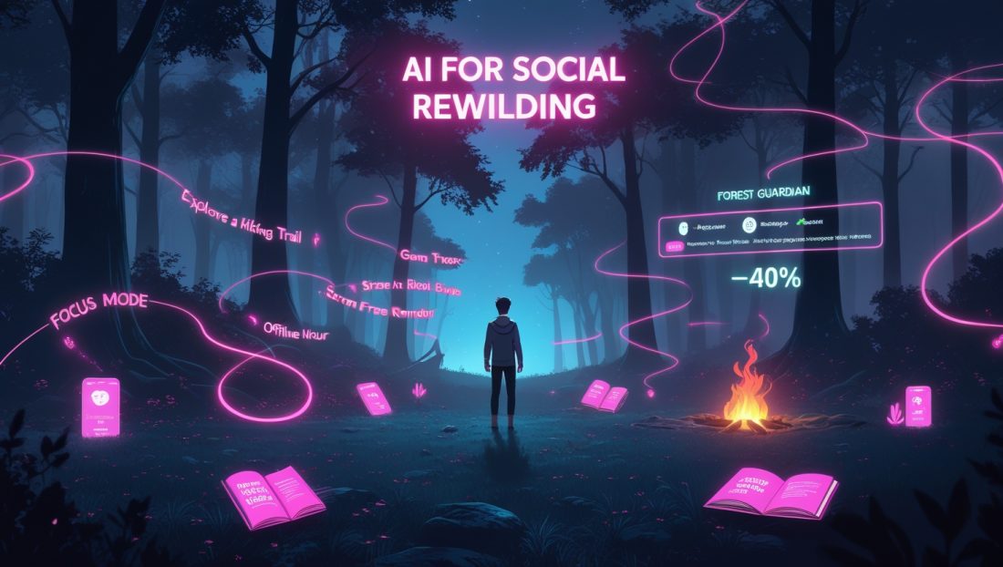 Cyberpunk-style digital art titled 'AI For Social Rewilding' depicting artificial intelligence promoting offline activities like hiking, gardening, and book clubs in a neon-lit futuristic forest
