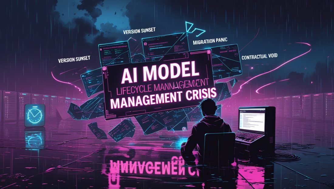 Cyberpunk‐style digital illustration showing the ‘AI Model Lifecycle Management Crisis’ countdown with fading GPT‑4.5 API endpoints, neon deprecation timelines, and a silhouetted developer racing against a shutdown clock