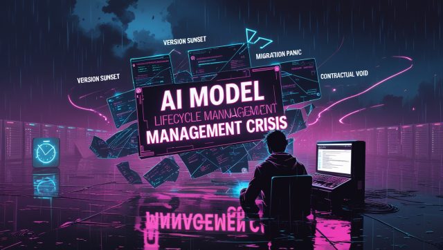 Cyberpunk‐style digital illustration showing the ‘AI Model Lifecycle Management Crisis’ countdown with fading GPT‑4.5 API endpoints, neon deprecation timelines, and a silhouetted developer racing against a shutdown clock