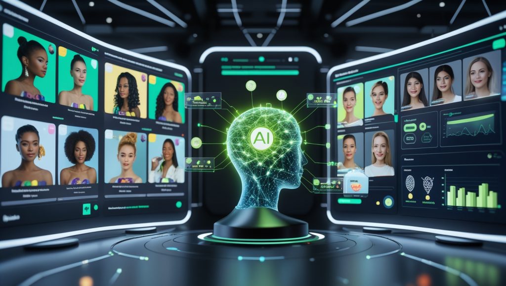 AI-powered influencer marketing dashboard in 2025 showing holographic profiles, audience analytics, and brand-influencer match recommendations for targeted campaigns