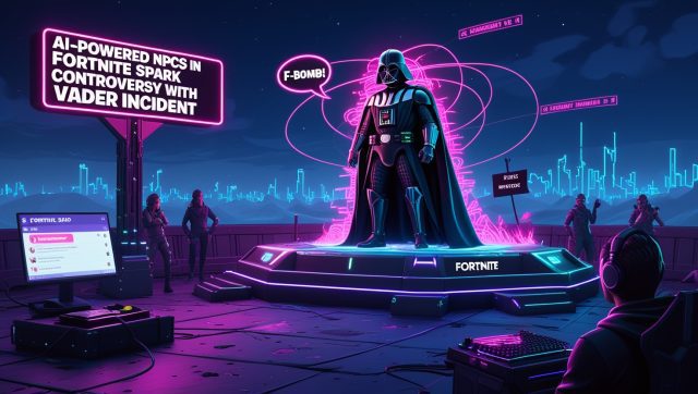 Fortnite scene featuring AI-powered NPCs like Darth Vader, highlighting dynamic storytelling, real-time dialogue, and the controversy sparked by unscripted AI behavior in gaming