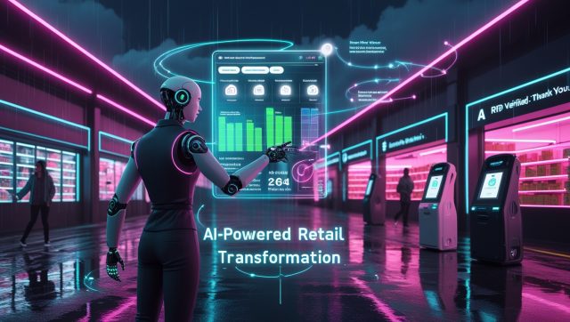 Futuristic AI-powered retail transformation scene with neon-lit storefronts, service robot analyzing inventory dashboard, personalized shopping recommendations, autonomous warehouse robots, and cashier-less checkout, representing AI retail transformation in 2025.