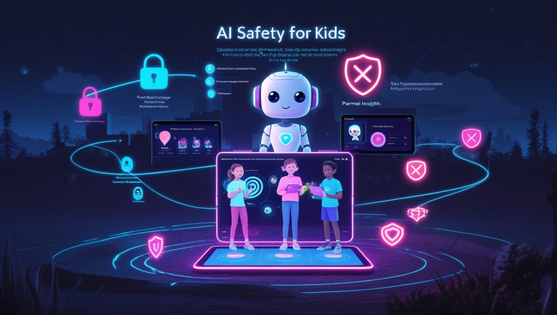 AI Safety for Kids 2025 banner with blue theme highlighting parental activism, child protection, and ethical AI use in digital technology.