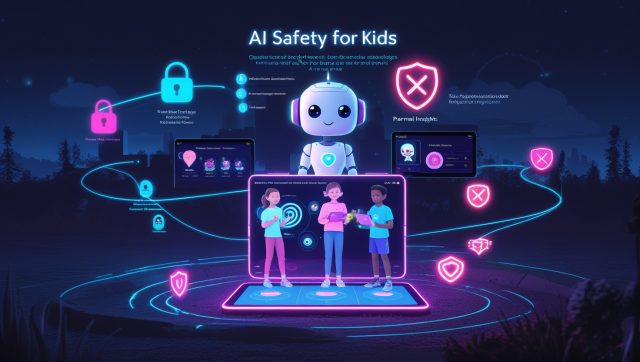 AI Safety for Kids 2025 banner with blue theme highlighting parental activism, child protection, and ethical AI use in digital technology.