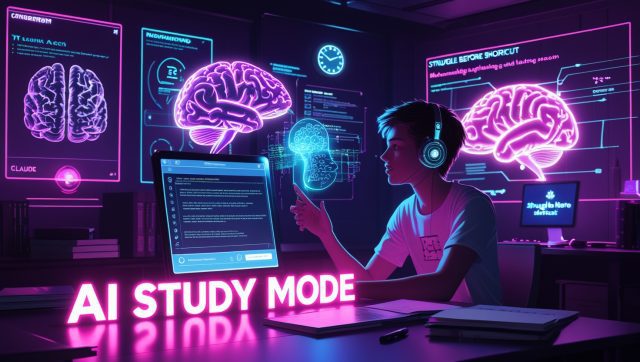 Cyberpunk digital artwork of a futuristic AI-powered study room with neon pink lighting, showing a student interacting with ChatGPT’s AI Study Mode using Socratic tutoring methods, symbolizing the rise of AI in education and academic integrity challenges.