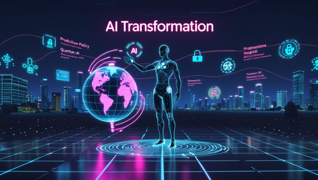 AI Transformation 2025 banner in dark orange with futuristic text, symbolizing the impact of artificial intelligence across industries including finance, healthcare, education, and cybersecurity.