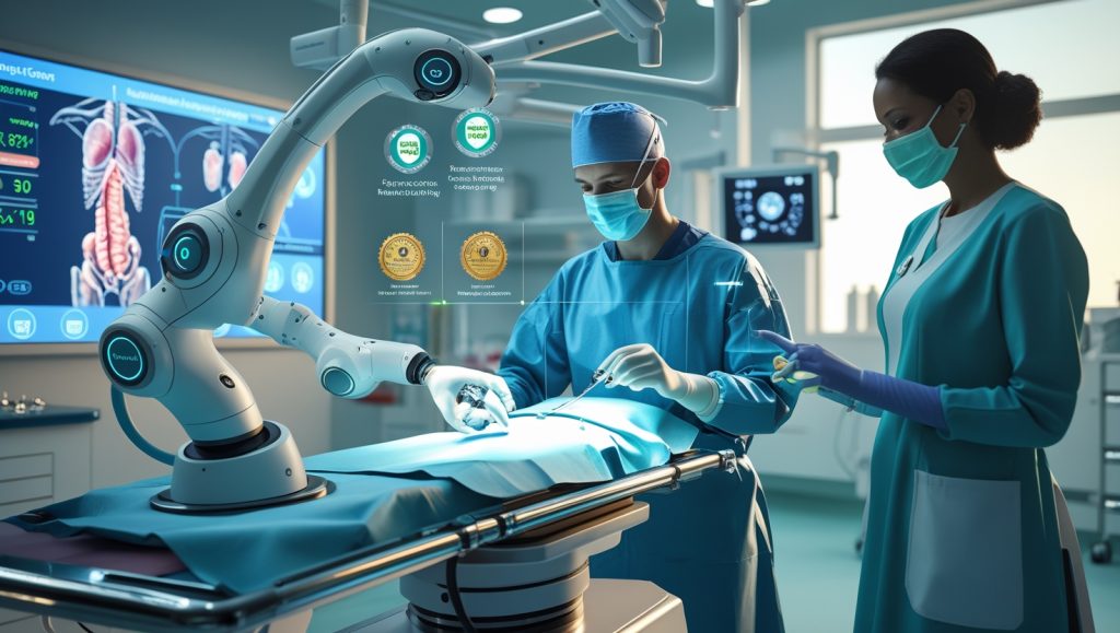 Advanced robotic surgery system performing minimally invasive procedure in high-tech operating room, showcasing safety, cost efficiency, and rural accessibility through remote-controlled precision and medical innovation.