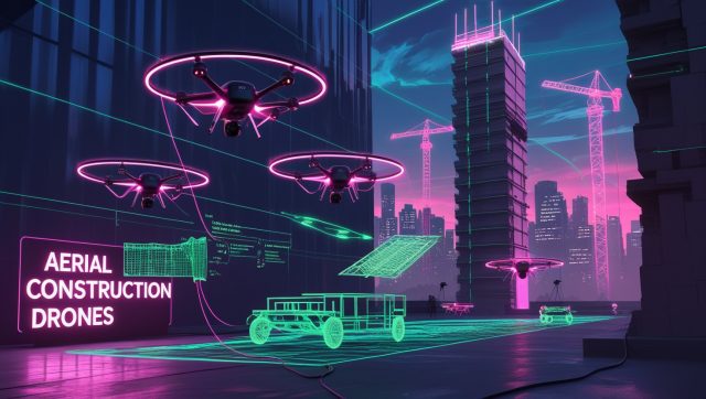Cyberpunk‑style scene of neon‑lit aerial construction drones with robotic arms and concrete nozzles building a skyscraper façade, projecting holographic blueprints and executing precision drone‑based additive manufacturing in an urban skyline
