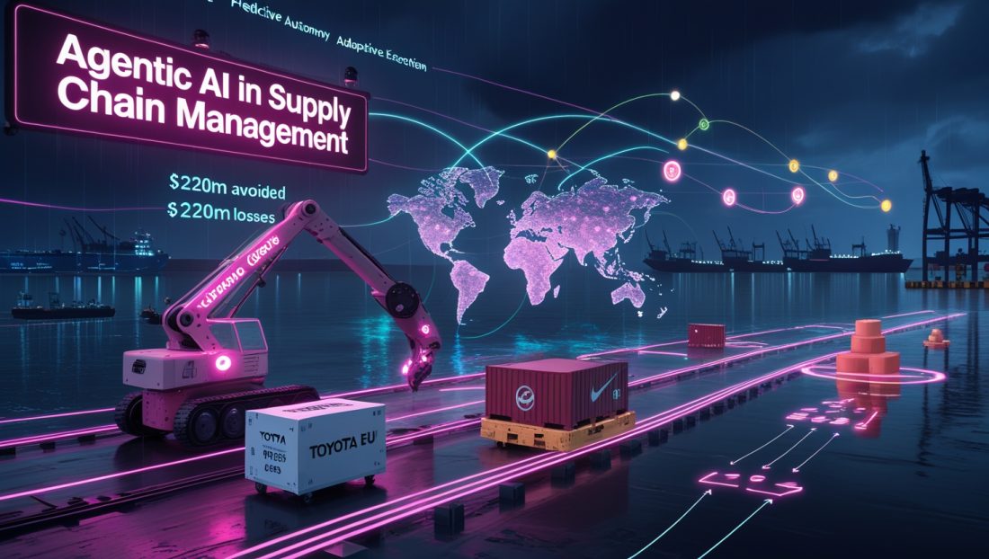 Digital illustration of Agentic AI in supply chain management showing autonomous robots rerouting cargo, AI agents analyzing global logistics, and neon data streams highlighting predictive autonomy and real-time inventory optimization in 2025.