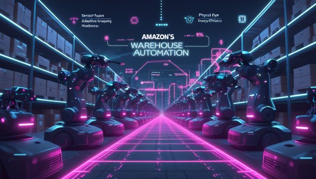 Amazon’s Warehouse Automation title text in bold orange color on a dark background, representing advanced robotics, AI, and automation in Amazon fulfillment centers.