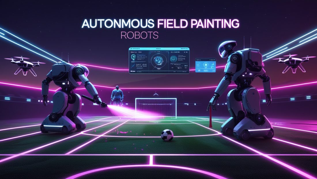Cyberpunk digital artwork of autonomous field painting robots lining a neon-lit soccer field using AI and GPS precision, with glowing text “Autonomous Field Painting Robots” and futuristic tech overlays symbolizing smart sports automation.