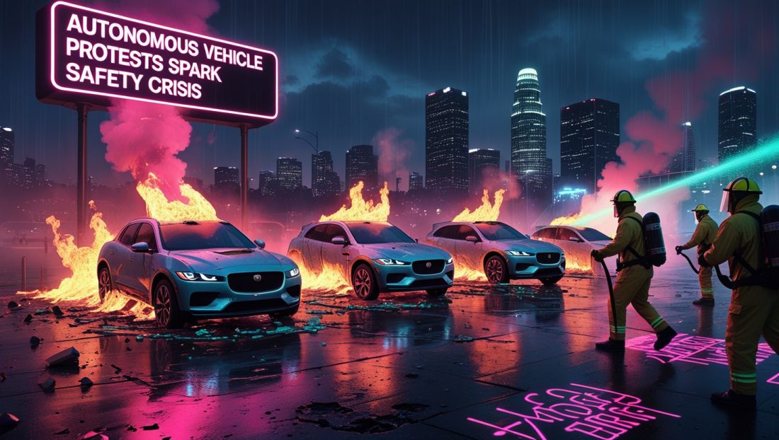 Autonomous Vehicle Protests in Los Angeles, 2025, featuring burning Waymo robotaxis, protesters holding signs that read “No Tech Tyranny,” and firefighters battling toxic EV fires during civil unrest.