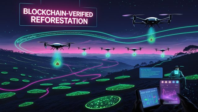 Illustration of blockchain-verified reforestation using drones and GPS tracking, with neon-coded seed dispersal, carbon credit ledger, and Indigenous ranger verifying sapling growth — symbolizing transparent climate action and carbon credit fraud prevention.