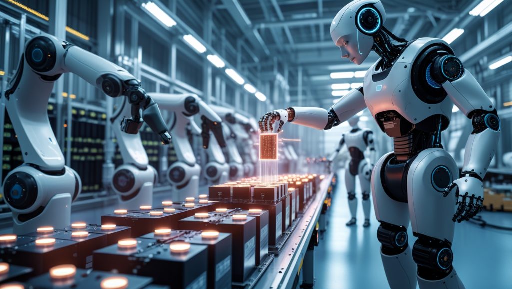 Humanoid robots assembling electric vehicle batteries in a high-tech automated factory, with AI-powered quality control systems and human engineers supervising production.