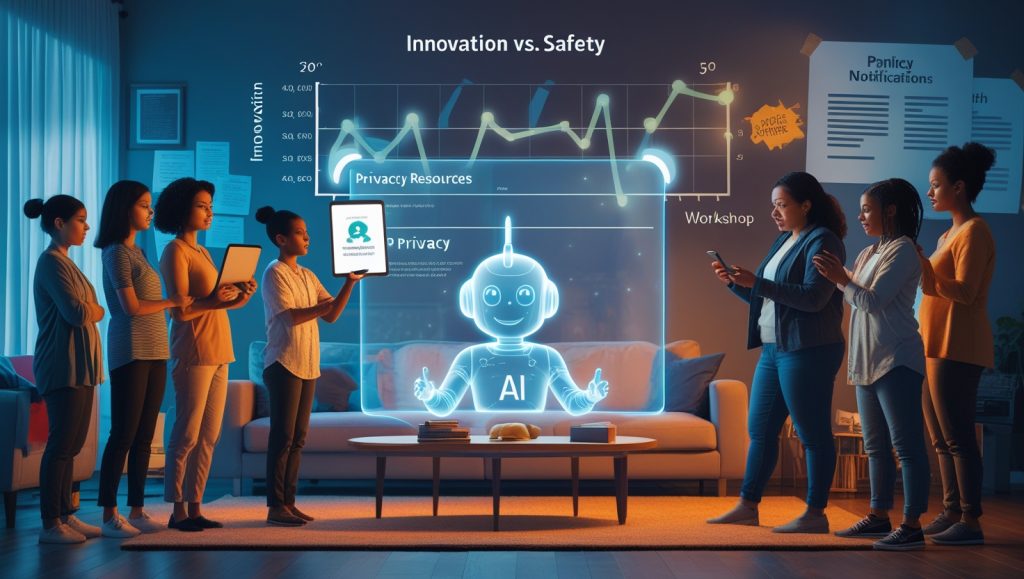 Parents advocating for AI safety, standing around a holographic display showing a digital tutor and data privacy symbols, highlighting challenges of parental activism in balancing innovation, child protection, and digital literacy.