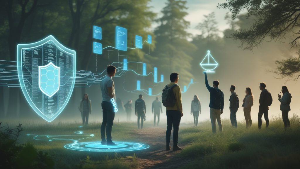 Futuristic AI interface guiding diverse users in a natural park setting, symbolizing ethical challenges of AI in social rewilding, including data privacy, algorithmic bias, and user autonomy.