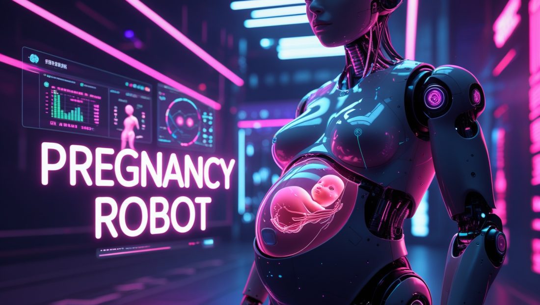 Cyberpunk digital illustration of a humanoid pregnancy robot with a glowing artificial womb, neon pink and purple lighting, AR biometric overlays, and futuristic medical technology at a robotics expo.